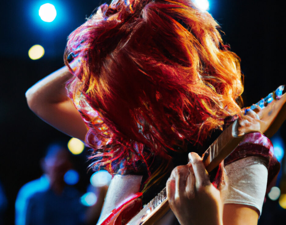 Rødhåret dame spiller gitar på festival